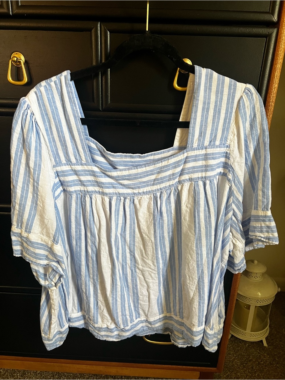 Women's Blue and White Striped Square-Neck Top